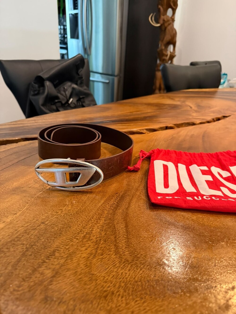 Diesel Brown Leather Belt with Red Branded Pouch